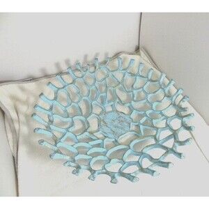 Round Coastal Coral Branch Pale Blue Metallic Gilded Gold Bowl 16 Inch Diameter